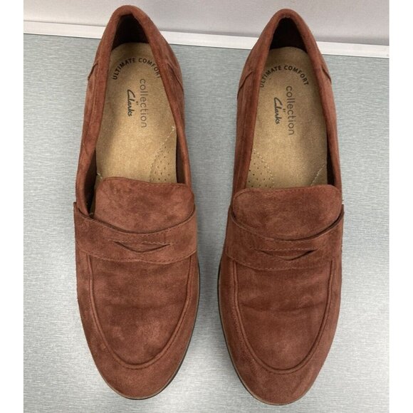 WOMEN'S Clarks Ultimate Comfort Brown Suede Penny Loafers Size 6.5 Flats Shoes - Picture 11 of 15